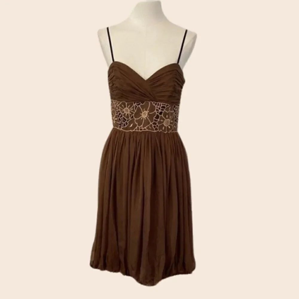 Vintage 00's Laundry by Design Brown Bubble Hem Ruched Silk Dress Size 4